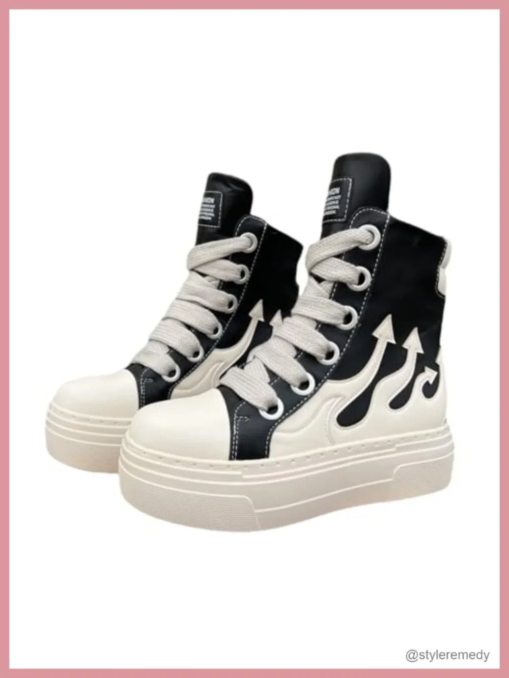 Unisex Flame Round Toe Platform Chunky Heels Sneakers Vegan PU Leather High Top